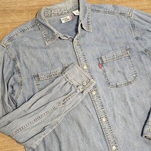 Levis Denim Shirt Mens L Light Wash Blue Button Up Long Sleeve Western Workwear